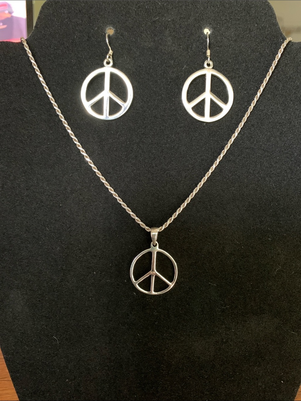 Silver Peace Sign 925 Necklace and Earring Set - Women Jewelry - Picture 1 of 5